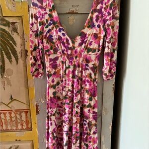 CAbi Pink, Purple & Green Floral Midi Dress